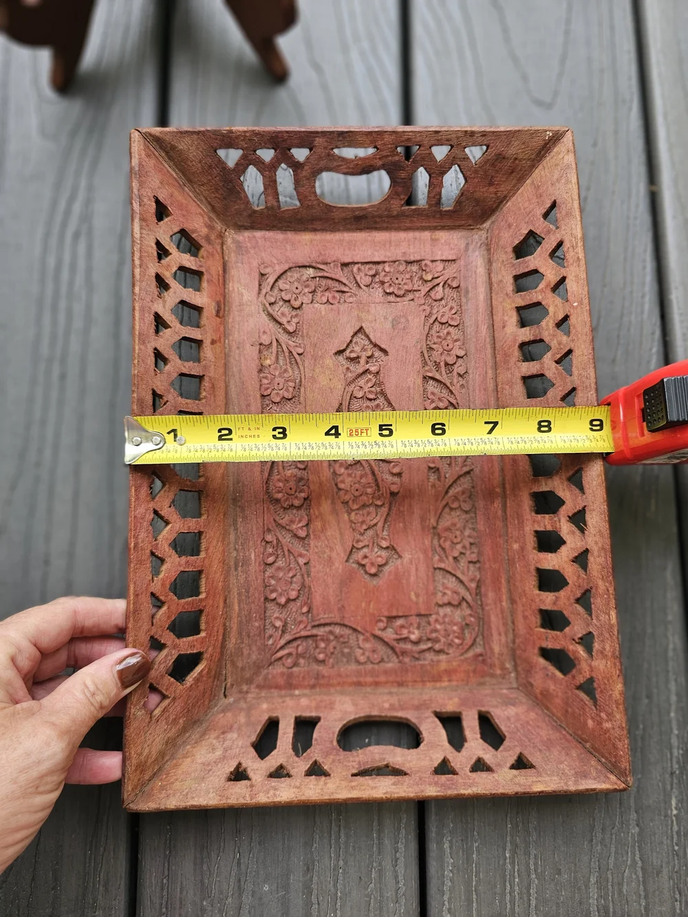 Vintage Hand Carved Wood Serving Tray India Boho Lattice Cutout Floral